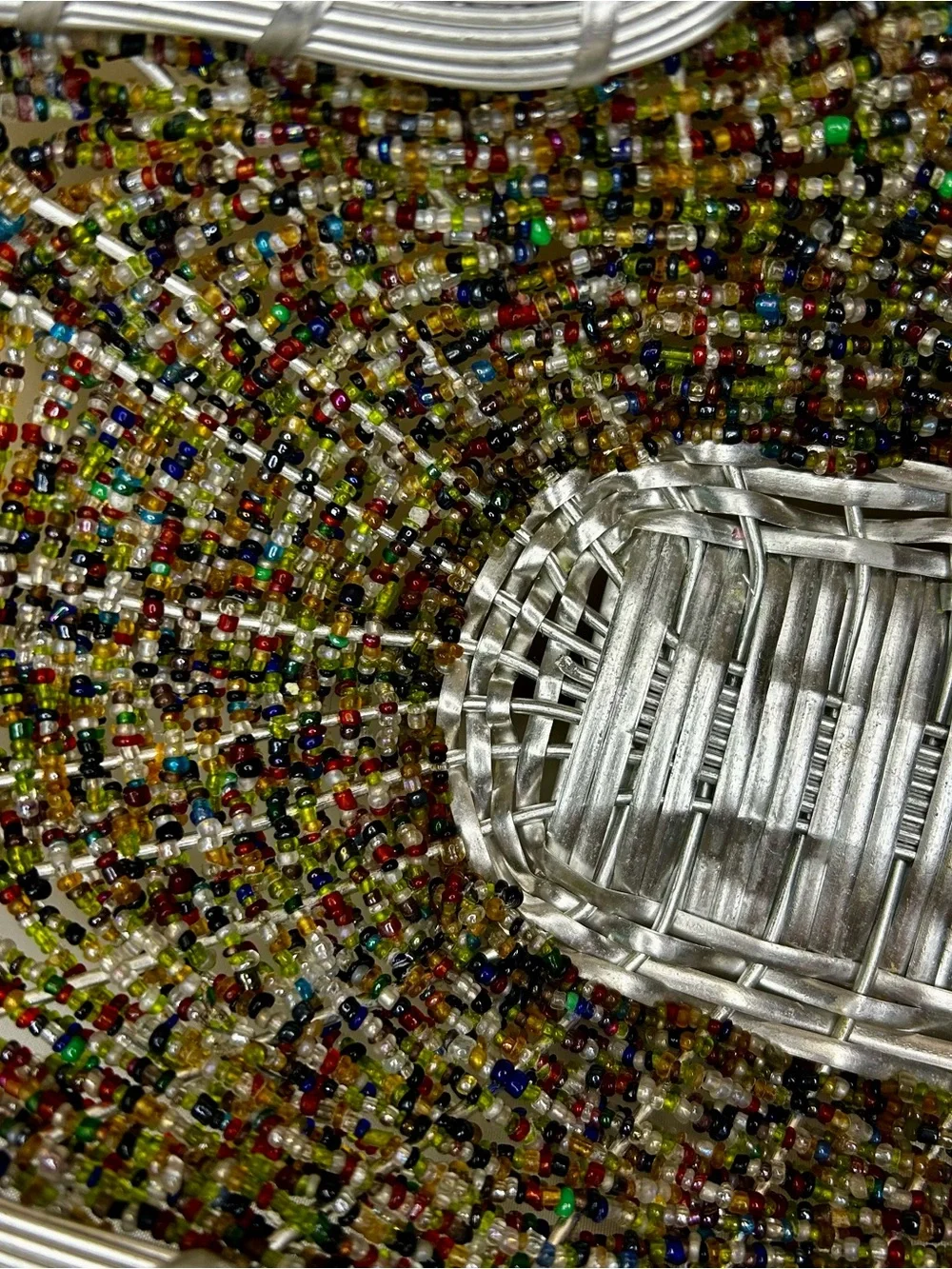 Silver-Edged Multi-Hue Beaded Decorative Tray. Made in India. Beautiful!